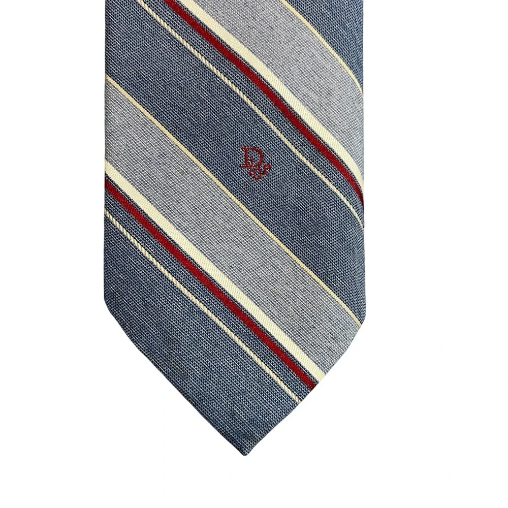 Christian Dior Mens Silk Blend Striped Tie Blue Burgundy Made in USA Woven Italy